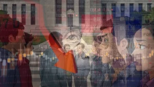 Ilustración animada en estilo anime del edificio de la Reserva Federal de EE.UU. al atardecer, con un grupo de personajes estilizados de diversas etnias parados en las escaleras, mirando con preocupación y sorpresa hacia un fondo nublado. El edificio imponente de mármol blanco destaca con su águila dorada en la cima y la bandera estadounidense ondeando, simbolizando la tensión económica y la pérdida de poder adquisitivo en un contexto de crisis financiera global.