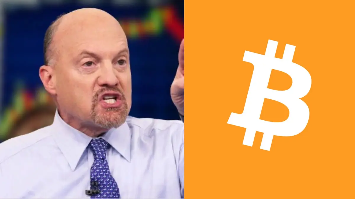 Jim Cramer frente a un gráfico de criptomonedas en alza, junto al logo de X (antiguo Twitter), indicando predicciones positivas con errores destacados.