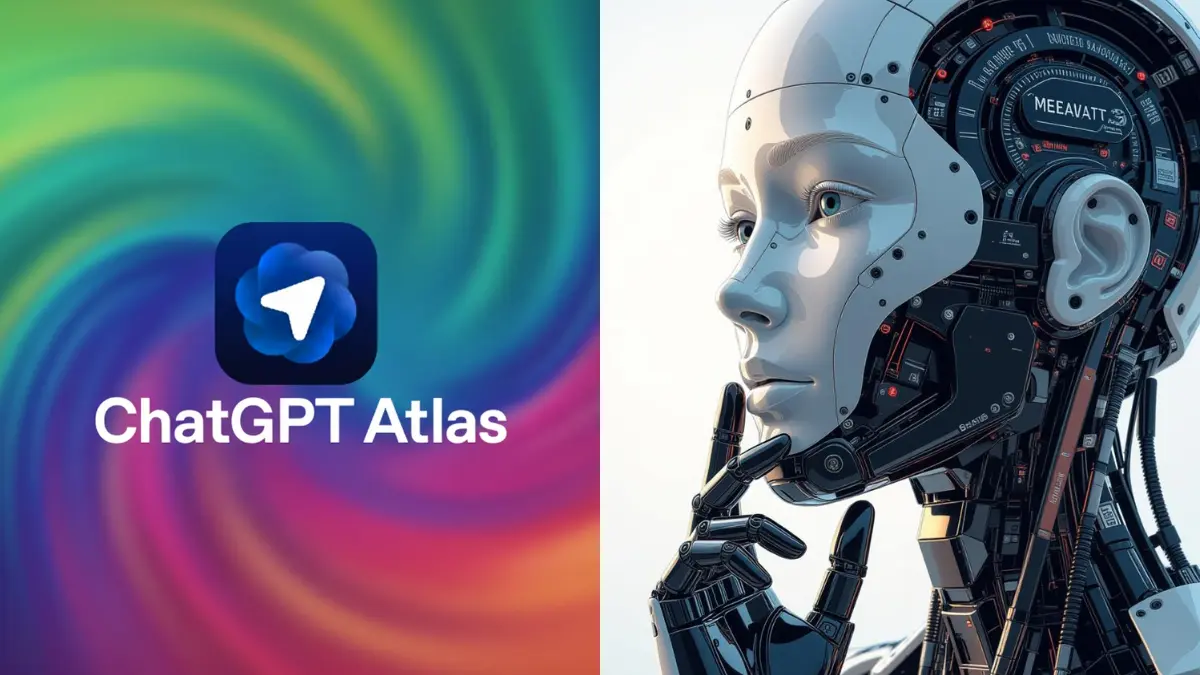 Interfaz del navegador ChatGPT Atlas sobre macOS con elementos visuales de inteligencia artificial, destacando su competencia frente a Google.