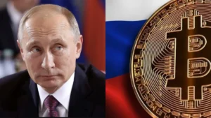 Gráfico que muestra la bandera rusa junto a íconos de criptomonedas, representando la legalización de criptodivisas para operaciones de comercio exterior en Rusia