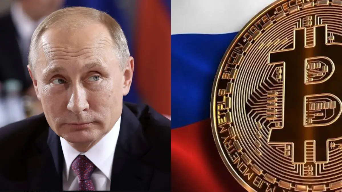 Gráfico que muestra la bandera rusa junto a íconos de criptomonedas, representando la legalización de criptodivisas para operaciones de comercio exterior en Rusia
