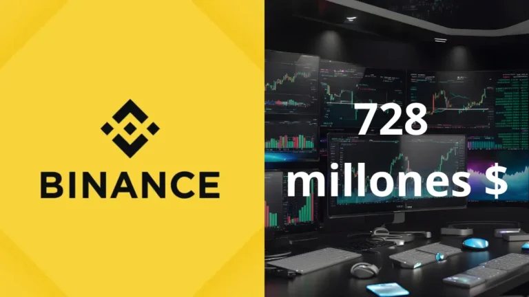 Logo de Binance junto a un gráfico de criptomonedas en caída, representando la compensación de 728 millones tras pérdidas masivas.