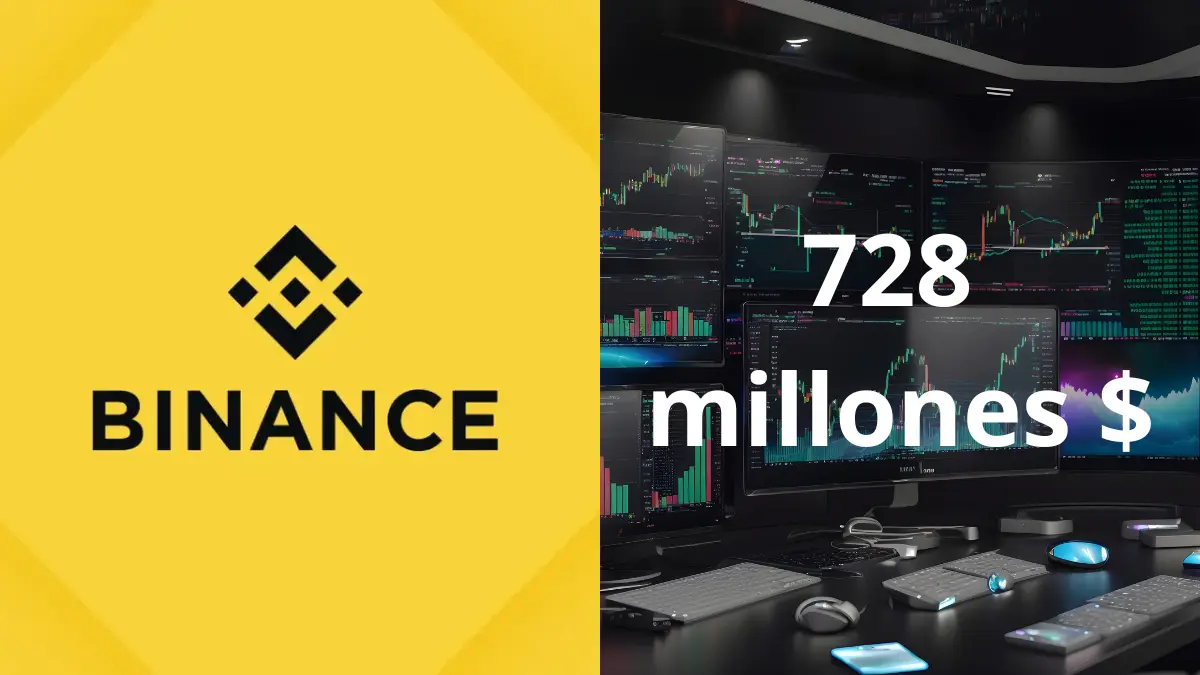 Logo de Binance junto a un gráfico de criptomonedas en caída, representando la compensación de 728 millones tras pérdidas masivas.