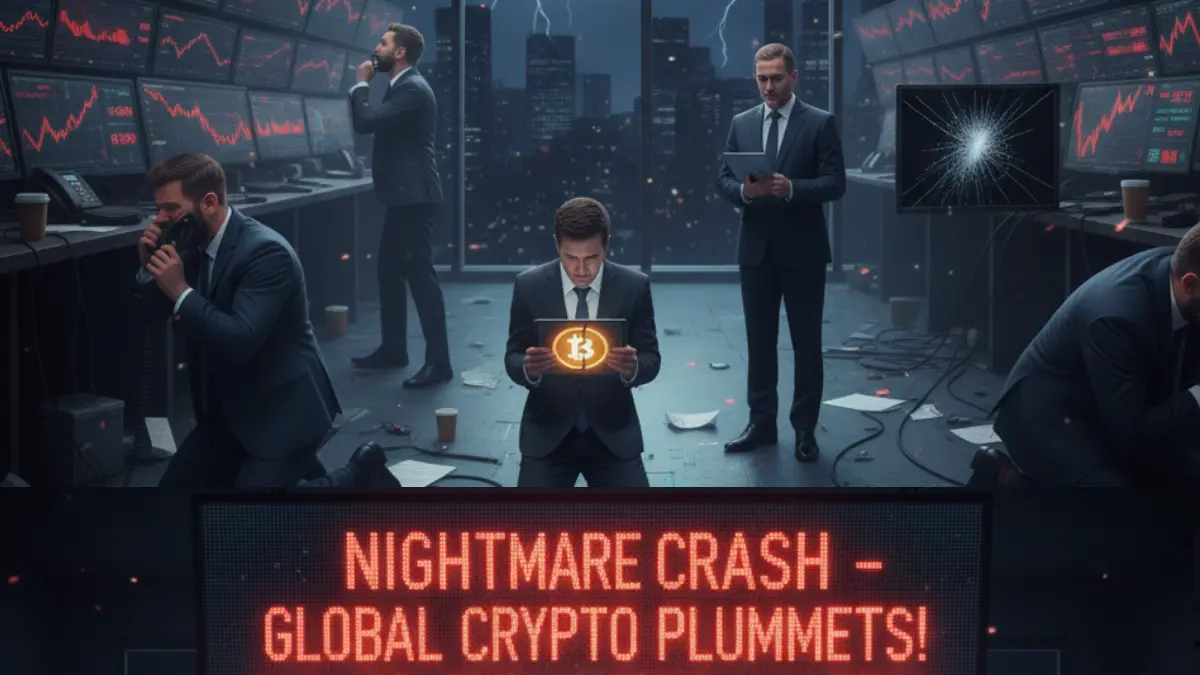 Gráfico descendente en tonos rojos con íconos de criptomonedas, reflejando la caída del mercado la noche del 11 de octubre de 2025