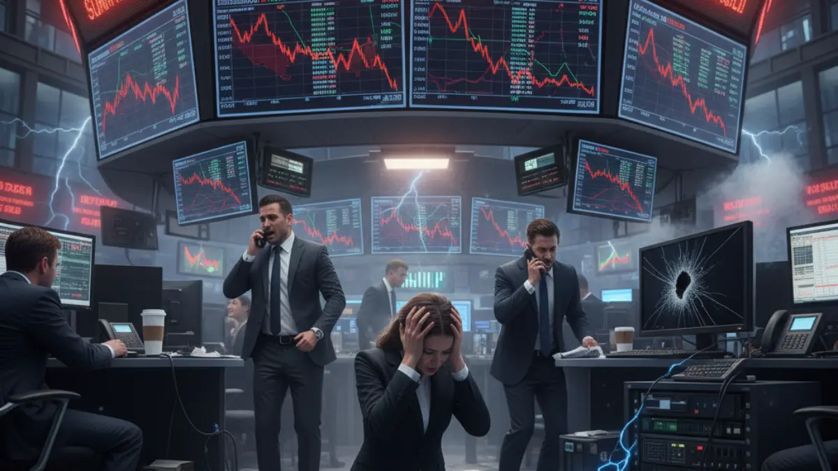 Pantalla con gráficos bursátiles a la baja representa la caída histórica de los índices de EE. UU. ante nuevos aranceles a China