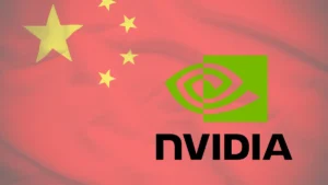 Oficial de aduanas chino inspeccionando cajas con chips y el logotipo de Nvidia, ilustrando los controles aduaneros de China sobre las importaciones de semiconductores de inteligencia artificial.