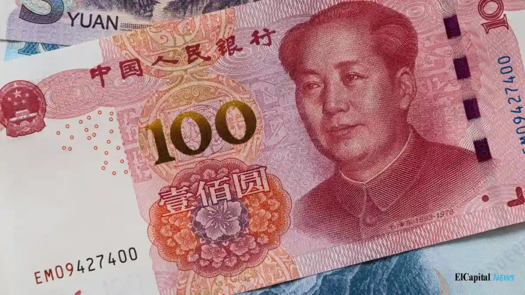 Bandera de China y billetes de yuan junto a gráficos financieros, representando el aumento de emisiones de bonos gubernamentales en 2025 para estimular la economía.