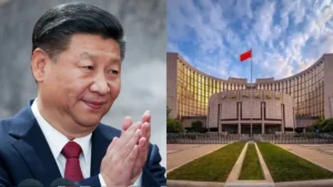 Edificio del Banco Popular de China en Pekín con gráficos financieros de fondo, representando las medidas de refuerzo de estabilidad financiera y la reforma del yuan digital y del sistema monetario chino.