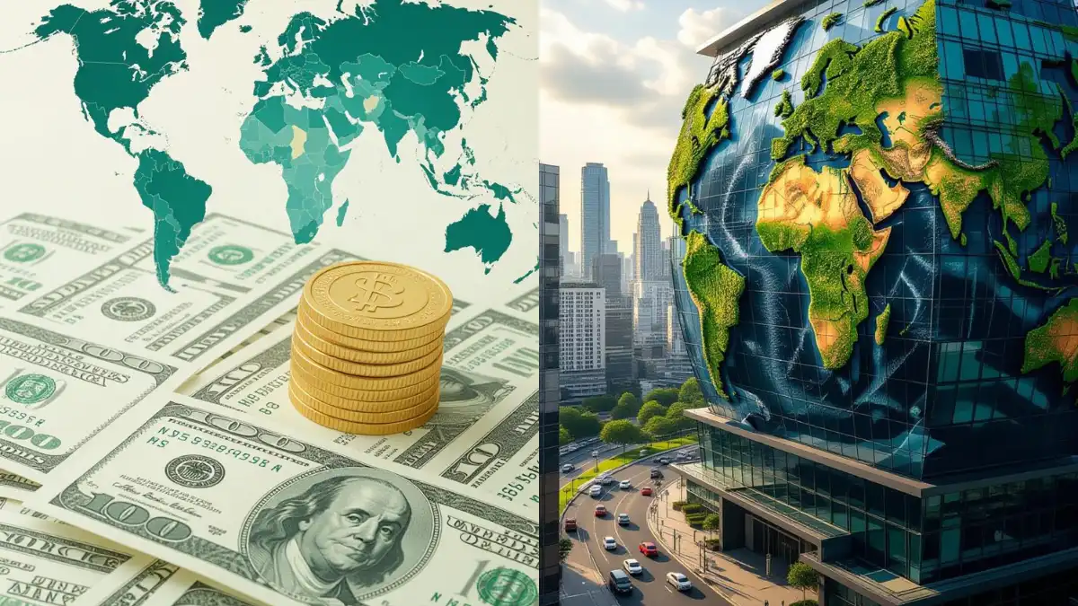 Mapa mundial superpuesto con gráficos de deuda crecientes, ilustrando una emergencia financiera global relacionada con el endeudamiento.