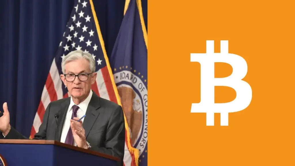 Jerome Powell de la Reserva Federal junto a iconos de pagos digitales, stablecoins, tokenización e inteligencia artificial, representando una conferencia sobre innovación financiera.