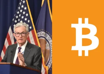 Jerome Powell de la Reserva Federal junto a iconos de pagos digitales, stablecoins, tokenización e inteligencia artificial, representando una conferencia sobre innovación financiera.