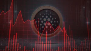 Gráfico en rojo que muestra caída abrupta de Cardano (ADA) del 65 %, seguido de una recuperación parcial