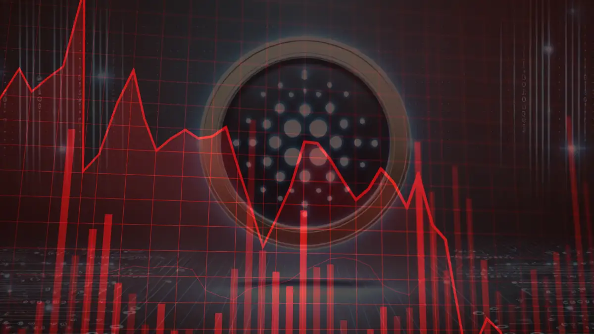 Gráfico en rojo que muestra caída abrupta de Cardano (ADA) del 65 %, seguido de una recuperación parcial