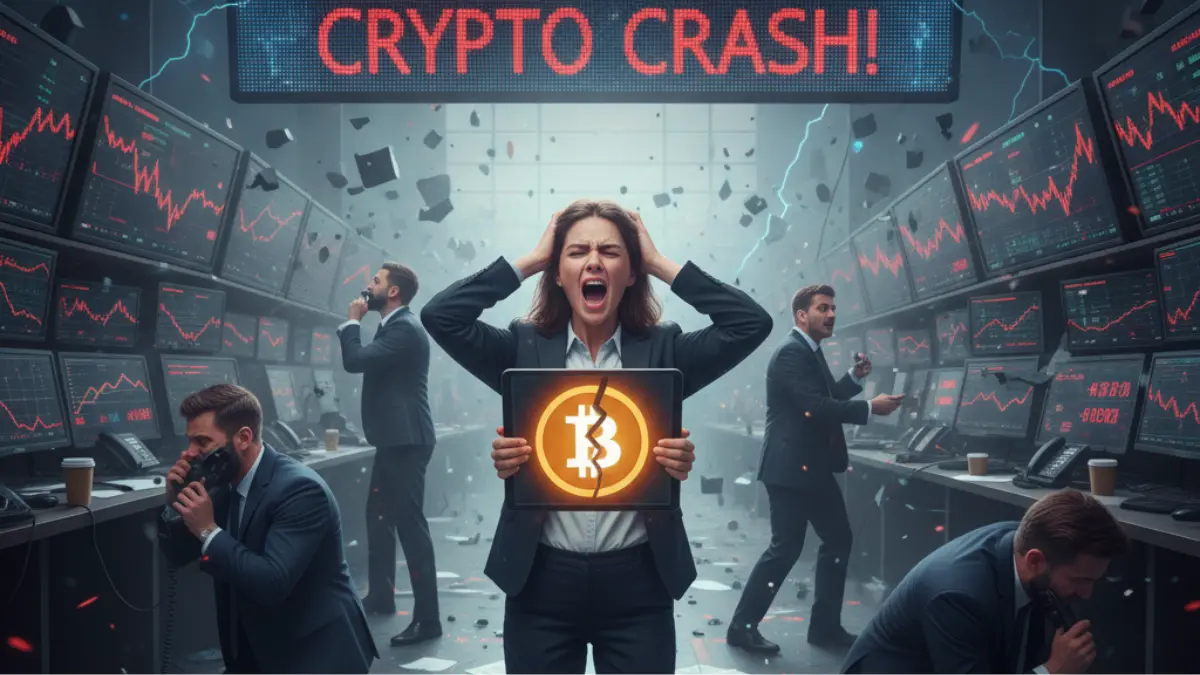 Gráfico rojo descendente con íconos de criptomonedas, representando pérdidas millonarias en liquidaciones en 24 horas