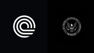 Logo de Ondo Finance junto a un documento de la SEC y un emblema de Nasdaq, representando la solicitud de aplazamiento para la propuesta de valores tokenizados.