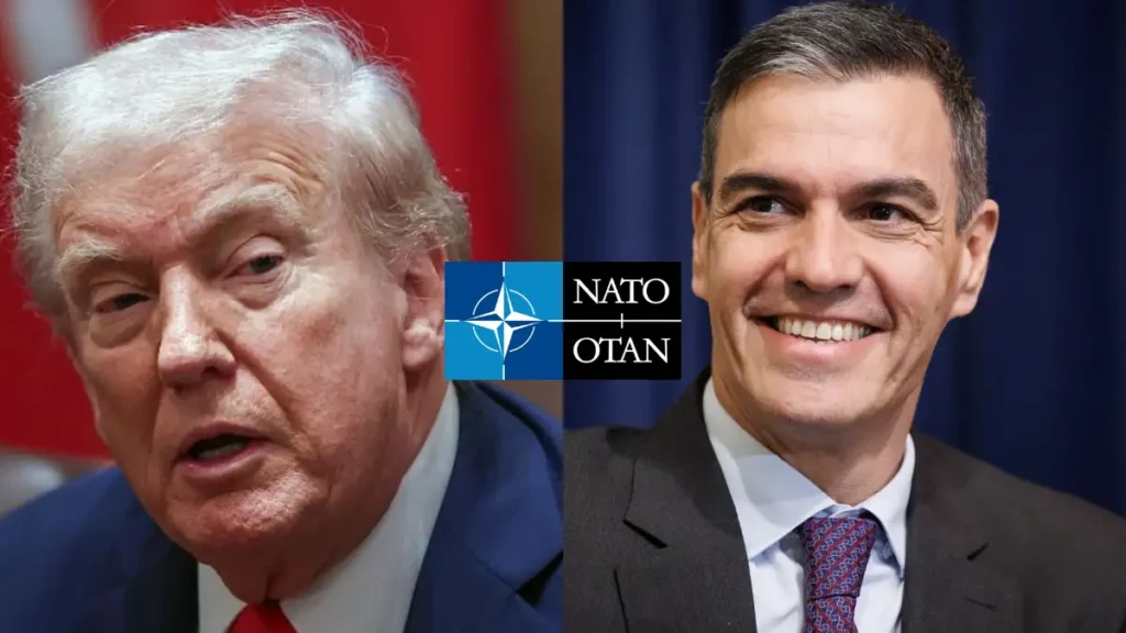 Donald Trump en una conferencia con banderas de EE. UU. y la OTAN al fondo, representando su sugerencia de expulsar a España de la alianza por su bajo gasto en defensa.